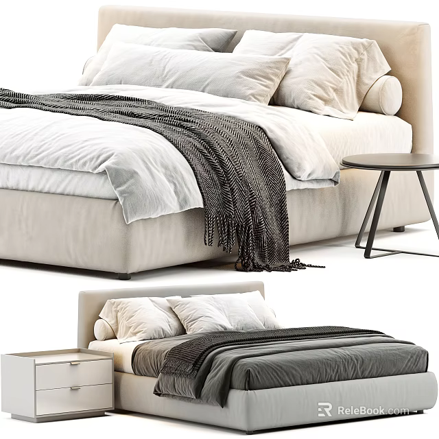 Modern Double Bed With Beige Frame White Sheets Dark Blanket Pillows And Side Table 3d model 