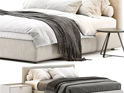 Modern Double Bed With Beige Frame White Sheets Dark Blanket Pillows And Side Table 3d model