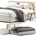 Modern Double Bed With Beige Frame White Sheets Dark Blanket Pillows And Side Table