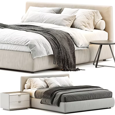 Modern Double Bed With Beige Frame White Sheets Dark Blanket Pillows And Side Table 3d model