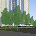 Modern High Rise Office Building With Glass Facade Surrounding Parking Lot And Landscaped Areas