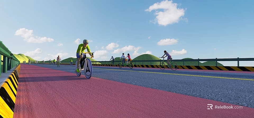 Pink Bicycle Lane Road Facility with Cyclists Guardrails Green Hills and Blue Sky 3d model 