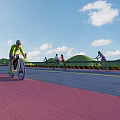 Pink Bicycle Lane Road Facility with Cyclists Guardrails Green Hills and Blue Sky