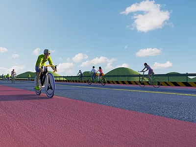 Pink Bicycle Lane Road Facility with Cyclists Guardrails Green Hills and Blue Sky 3d model
