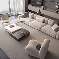 Modern Neutral Toned Sectional Sofa And Coffee Table Set With Plush Pillows In Living Room