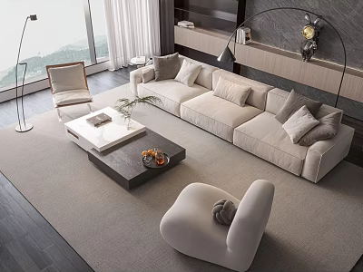 Modern Neutral Toned Sectional Sofa And Coffee Table Set With Plush Pillows In Living Room 3d model