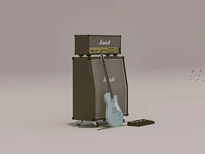 Marshall Guitar Amplifier Cabinet With Light Blue Electric Guitar And Effects Pedal 3d model