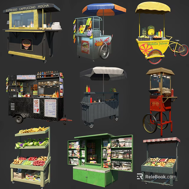 Diverse Mall Shop Stalls Featuring Mobile Food Carts And Colorful Displays 3d model 