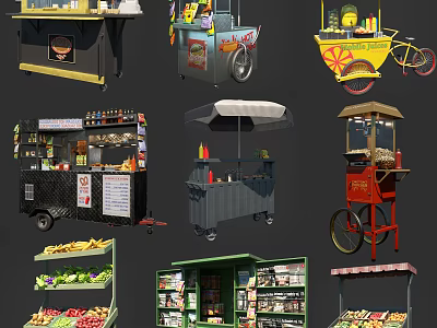 Diverse Mall Shop Stalls Featuring Mobile Food Carts And Colorful Displays 3d model