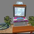 Cozy Recreational Area With Arcade Machine Glass Table Orange Bench And Green Plants