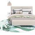 Modern Double Bed With Upholstered Headboard Pillows Bedspread Leaf Pattern Rug And Footstool 3d model