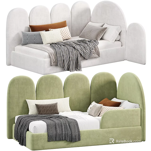 Stylish Kids Bed with Curved Headboard Decorative Pillows and Soft Blanket 3d model 