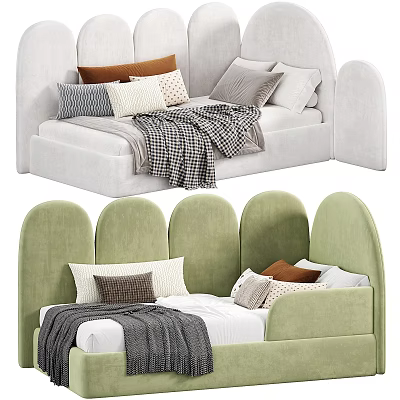 Stylish Kids Bed with Curved Headboard Decorative Pillows and Soft Blanket 3d model