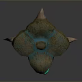 Fantasy Creature With Curved Brown Stem Blue Glowing Flower Small Horns And Green Glowing Spots