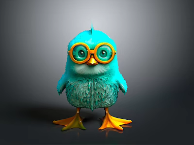 3D Rendered Blue Bird With Fluffy Feathers Yellow Rimmed Glasses Yellow Feet And Gray Background 3d model