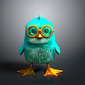 3D Rendered Blue Bird With Fluffy Feathers Yellow Rimmed Glasses Yellow Feet And Gray Background