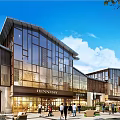 Modern Commercial Plaza With Market Area Pedestrian Walkways And Open Space At Evening