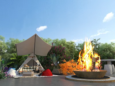 Cozy Outdoor Living Space With Tent Fire Pit Green Plants Flowers Mats Blankets And Furniture 3d model