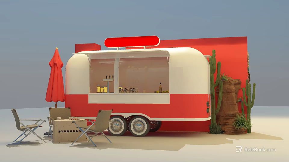 Red And White Food Truck Setup With Red Umbrella Chairs And Cactus 3d model 