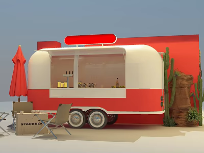 Red And White Food Truck Setup With Red Umbrella Chairs And Cactus 3d model