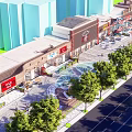 Traditional Chinese Commercial Street with Modern High Rise Buildings Trees and Pedestrians