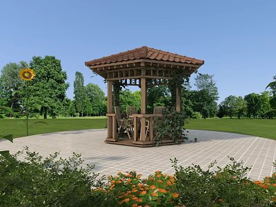 Garden Landscape Featuring Wooden Gazebo Green Lawn Trees Sunflower And Orange Flowers 3d model