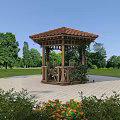 Garden Landscape Featuring Wooden Gazebo Green Lawn Trees Sunflower And Orange Flowers