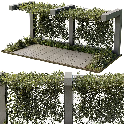 Outdoor Pergola Structure With Green Vines And Wooden Floor Surrounding Plants 3d model