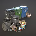 Colorful Trash Bins With Recyclable Waste Cardboard Boxes And Plastic Bottles