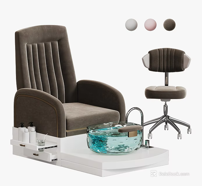 Gray Upholstered Manicure Chair With Blue Pedicure Basin And Rolling Stool 3d model 