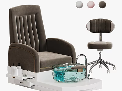 Gray Upholstered Manicure Chair With Blue Pedicure Basin And Rolling Stool 3d model