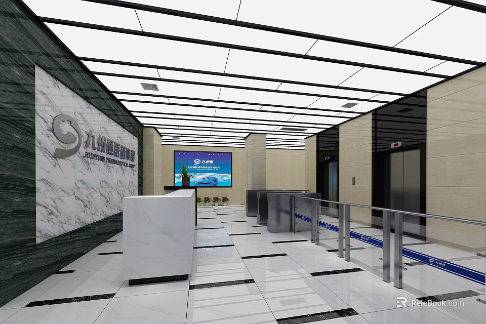 Modern Service Hall Interior With Marble Wall Reception Desk Digital Screen And Turnstiles 3d model 