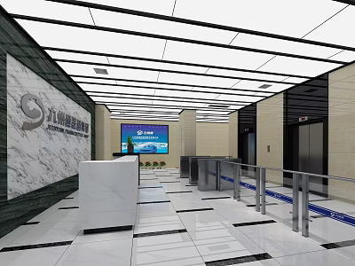 Modern Service Hall Interior With Marble Wall Reception Desk Digital Screen And Turnstiles 3d model