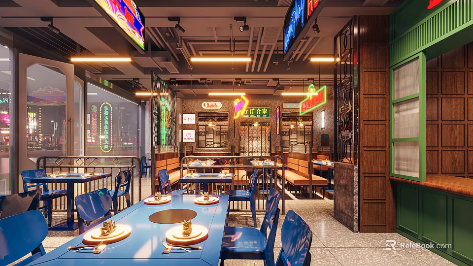 Modern Hotpot Restaurant Interior Design With Blue Tables Chairs Neon Signs Open Layout 3d model 