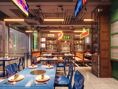 Modern Hotpot Restaurant Interior Design With Blue Tables Chairs Neon Signs Open Layout 3d model
