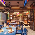 Modern Hotpot Restaurant Interior Design With Blue Tables Chairs Neon Signs Open Layout