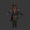 Warrior Costume Featuring Horned Helmet Orange Top Green Arm Wraps Leather Belt Leg Wraps Boots