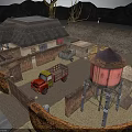Rustic Farmhouse With Gray Roof Fence Red Truck Pink Water Tower Mountains And Trees