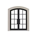 Double Casement Door With Black Frame Glass Panes Arched Top And Decorative Frame