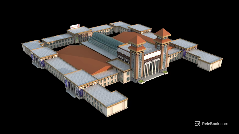 Large Architectural Complex With Red Roof Tower Structures And Glass Atrium 3d model