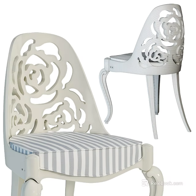 Elegant White Leisure Chair With Rose Cutout Pattern And Striped Cushion 3d model 