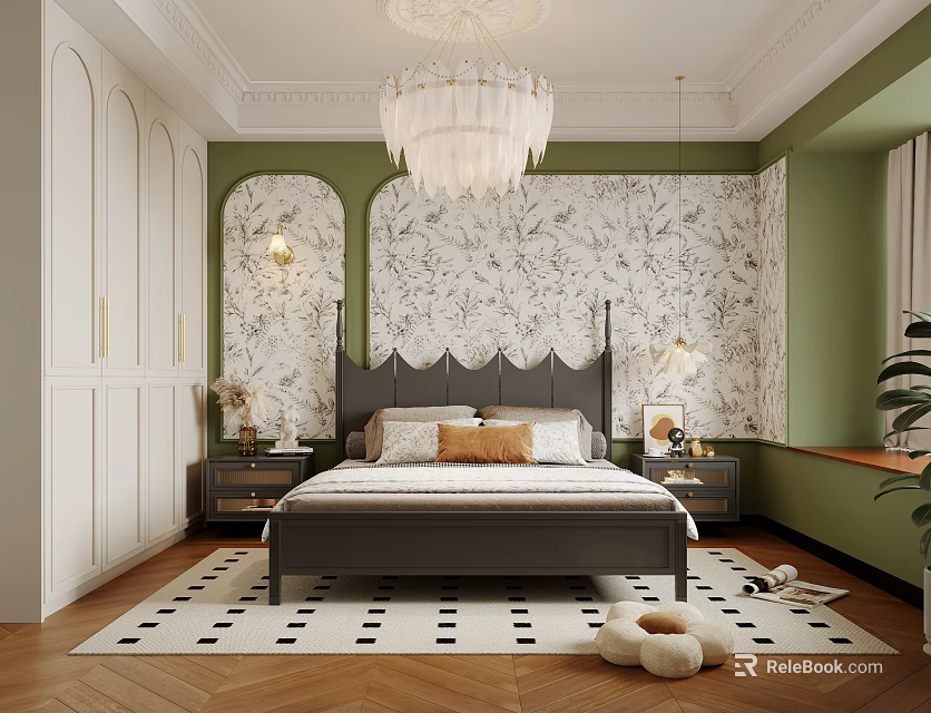 Elegant Bedroom Interior With Green Walls Patterned Wallpaper Black Headboard Bed Chandelier And Rug 3d model 