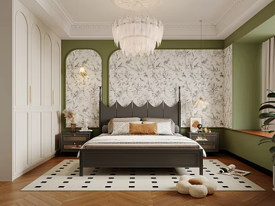 Elegant Bedroom Interior With Green Walls Patterned Wallpaper Black Headboard Bed Chandelier And Rug 3d model