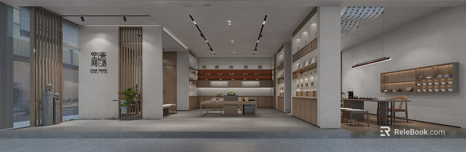 Modern Retail Showroom Interior Design With Wooden Shelves Gray Walls Table And Ceiling Lights 3d model 