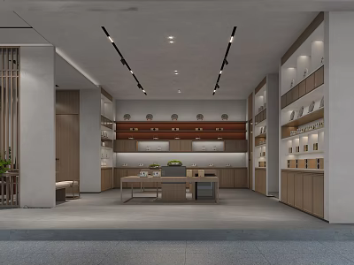Modern Retail Showroom Interior Design With Wooden Shelves Gray Walls Table And Ceiling Lights 3d model