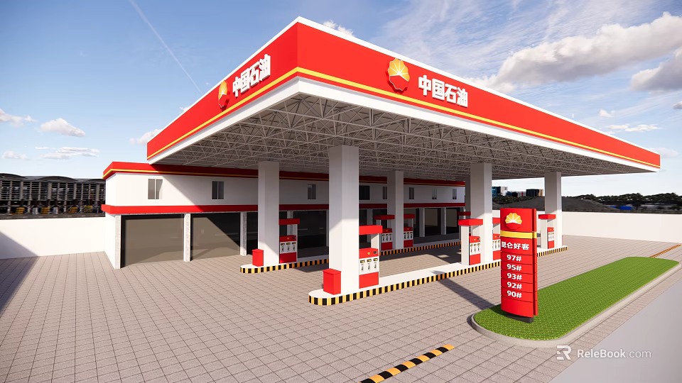 Sinopec Gas Station With Red And White Canopy Building Fuel Dispensers And Green Lawn 3d model 