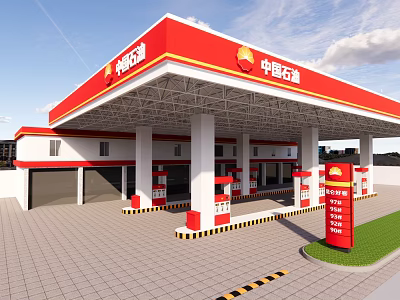 Sinopec Gas Station With Red And White Canopy Building Fuel Dispensers And Green Lawn 3d model