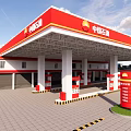 Sinopec Gas Station With Red And White Canopy Building Fuel Dispensers And Green Lawn