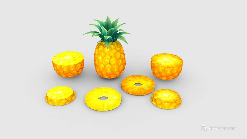 Fresh Ripe Pineapple With Whole Fruit And Circular Sliced Pieces 3d model 