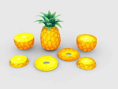 Fresh Ripe Pineapple With Whole Fruit And Circular Sliced Pieces 3d model
